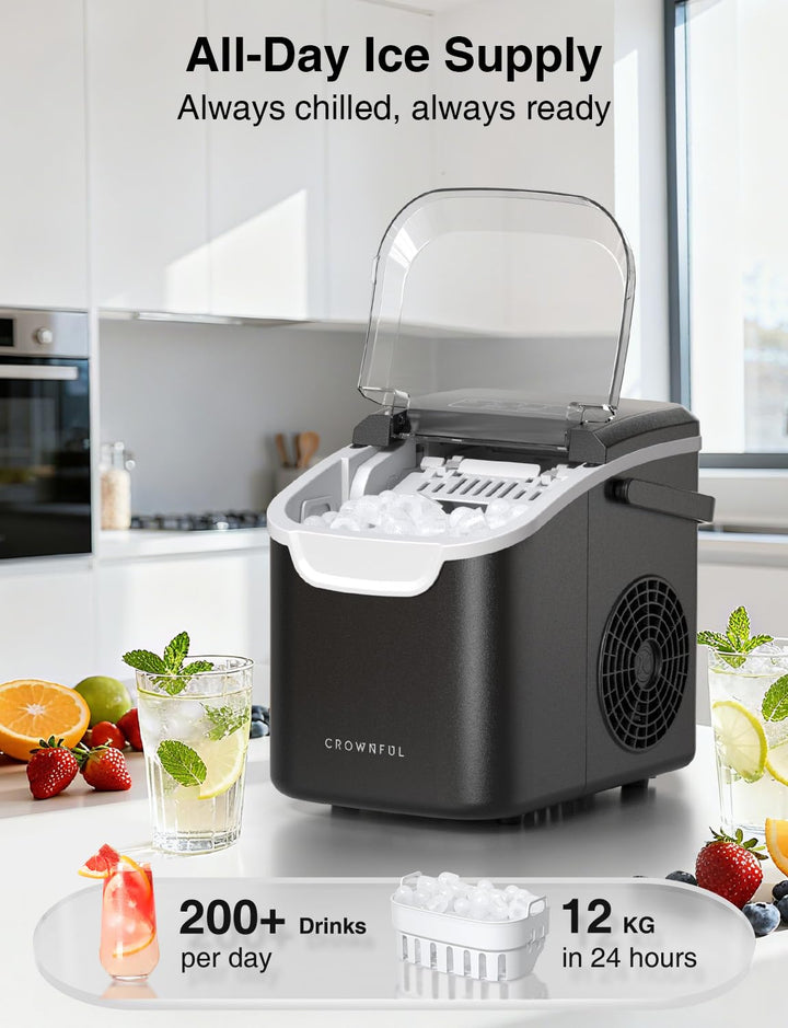 CROWNFUL Tragbare Eiswürfelmaschine (Schwarz), Schwarz