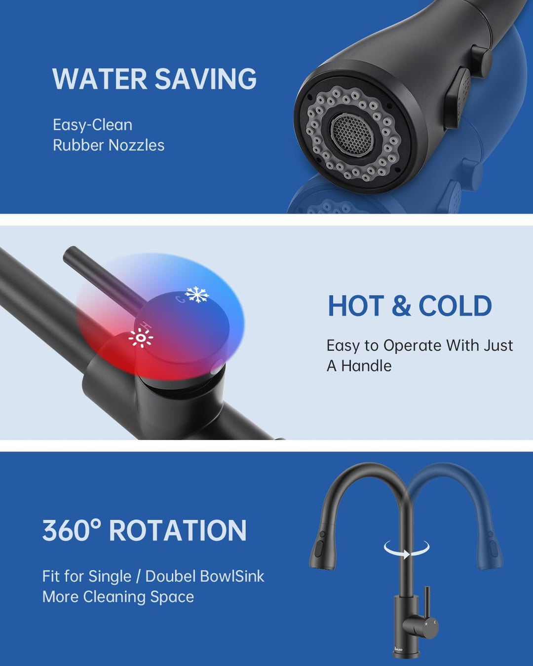 APPASO Wasserhahn Küche Schwarz, Hochdruck Küchenarmatur Ausziehbar, Mischbatterie mit 3 Strahlarten