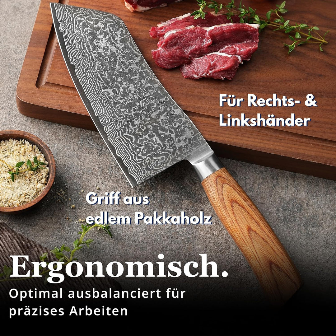 Wakoli EDIB Pro Chinesisches Kochmesser aus echtem Damaststahl (VG10 Kern) 17 cm Klinge – Scharf & a