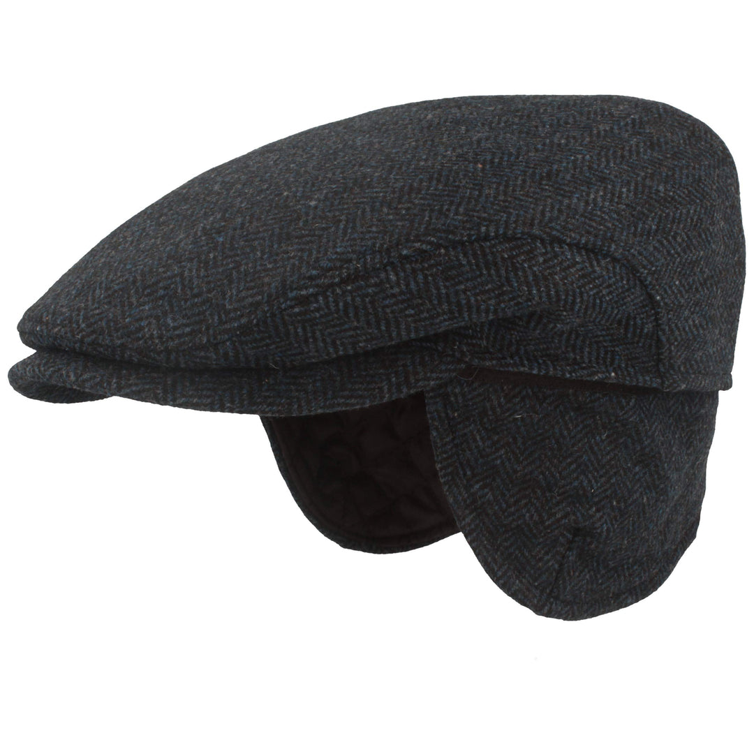 Breiter Herren Winter Schiebermütze mit Ohrenklappen Flatcap Schirmmütze 100% Wolle mit ausklappbare