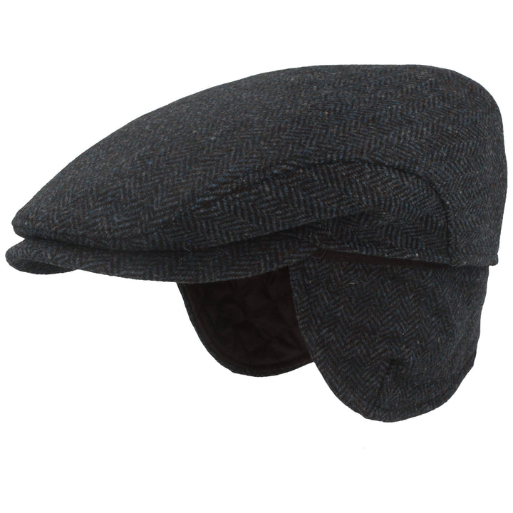 Breiter Herren Winter Schiebermütze mit Ohrenklappen Flatcap Schirmmütze 100% Wolle mit ausklappbare