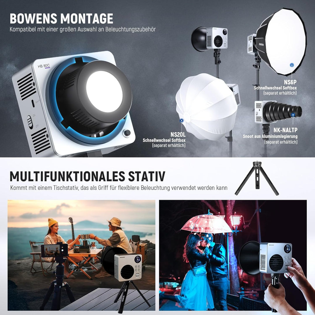 NEEWER 80W RGBWW LED Videoleuchte mit Reflektor und 72Wh Akku, APP/2,4G Steuerung 18 Effekte 10400lu