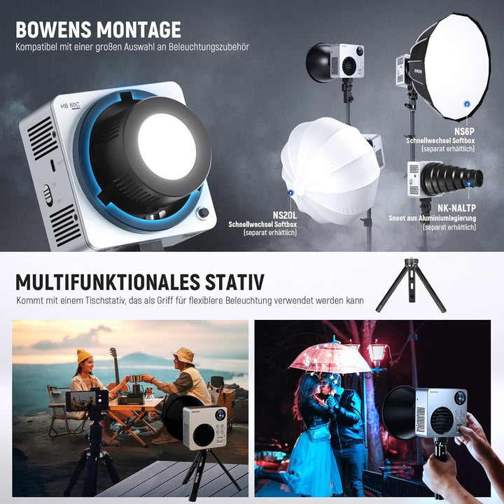 NEEWER 80W RGBWW LED Videoleuchte mit Reflektor und 72Wh Akku, APP/2,4G Steuerung 18 Effekte 10400lu