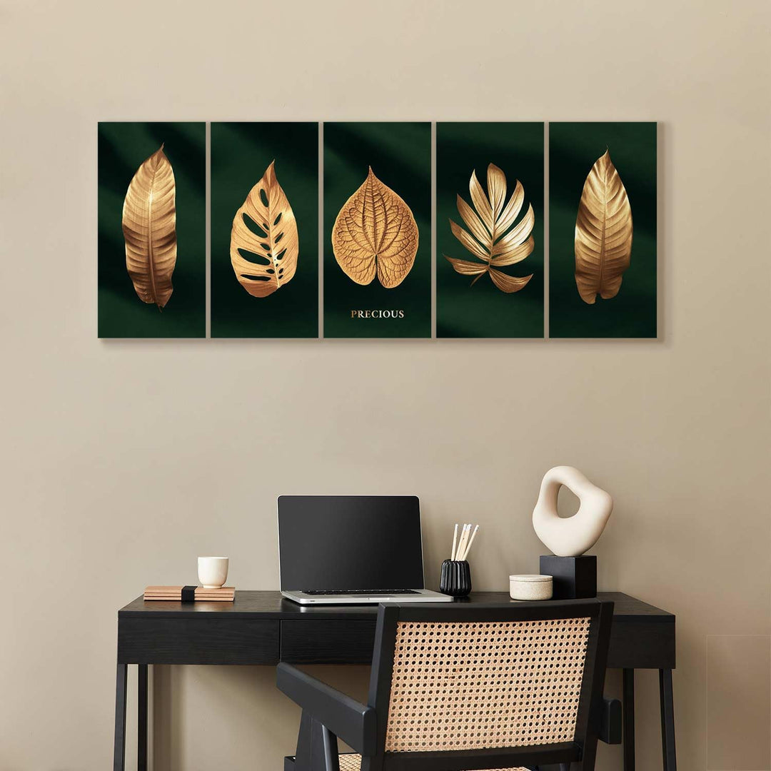 murando - Bilder goldene Blätter 150x60 cm Vlies Leinwandbild 5 Teilig Kunstdruck modern Wandbilder
