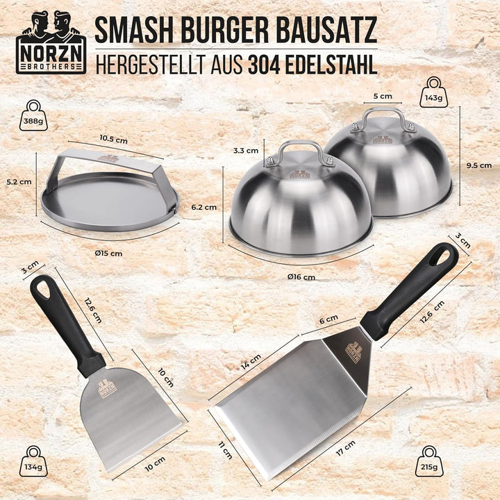 Smash Burger Set – Burger Smasher Set inkl. Hamburgerpresse, Burgerglocke Edelstahl 304, Grillspacht
