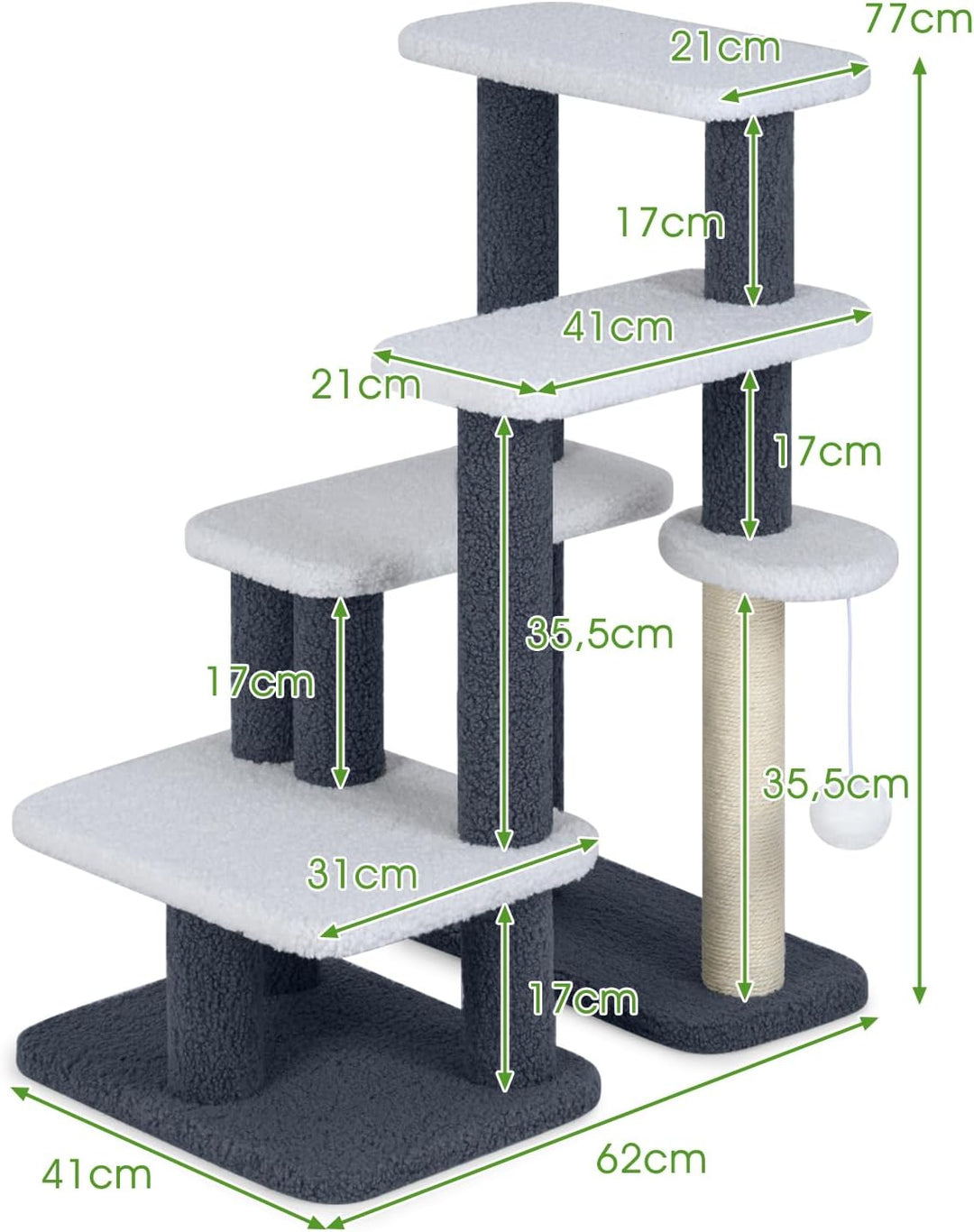 GYMAX 5 Stufen Katzentreppe, stabile Tiertreppe mit Sisal-Kratzstamm, Spielball & Plüschsitzfläche,