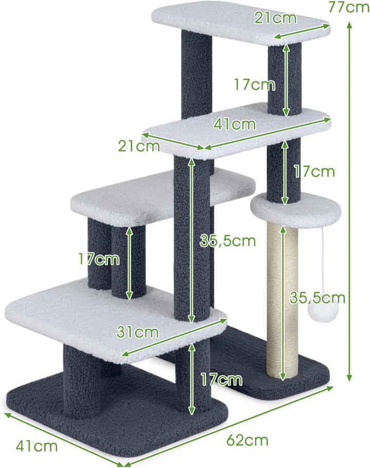 GYMAX 5 Stufen Katzentreppe, stabile Tiertreppe mit Sisal-Kratzstamm, Spielball & Plüschsitzfläche,
