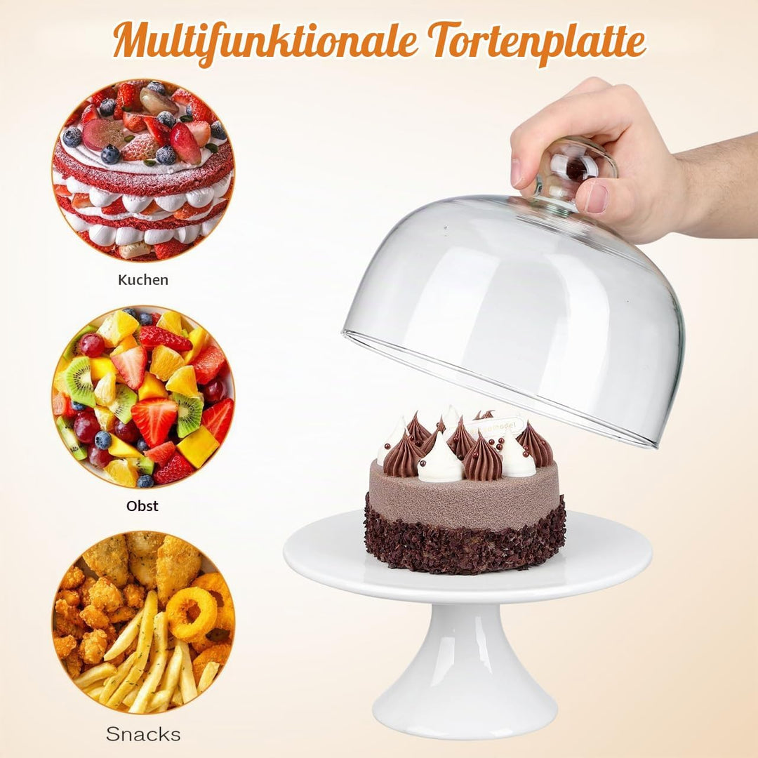 Cabilock Keramik Kuchenplatte Tortenplatte Glasglocke Teller Kuchenteller Kuchenständer Haube mit Fu