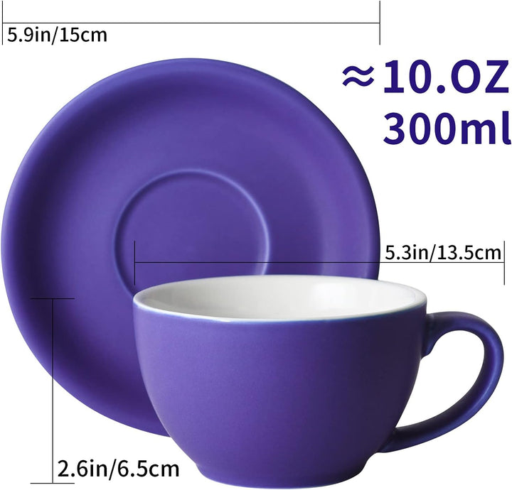 Yundu Latte-Tasse und Untertasse, Porzellan, 294 ml, für Cappuccino, Tee, Café, Mokka, 4 Stück, matt