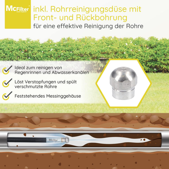 McFilter | Rohrreinigungsschlauch, 10m, 160-200 bar, inkl. Adapter, Düsen starr + rotierend, kompati