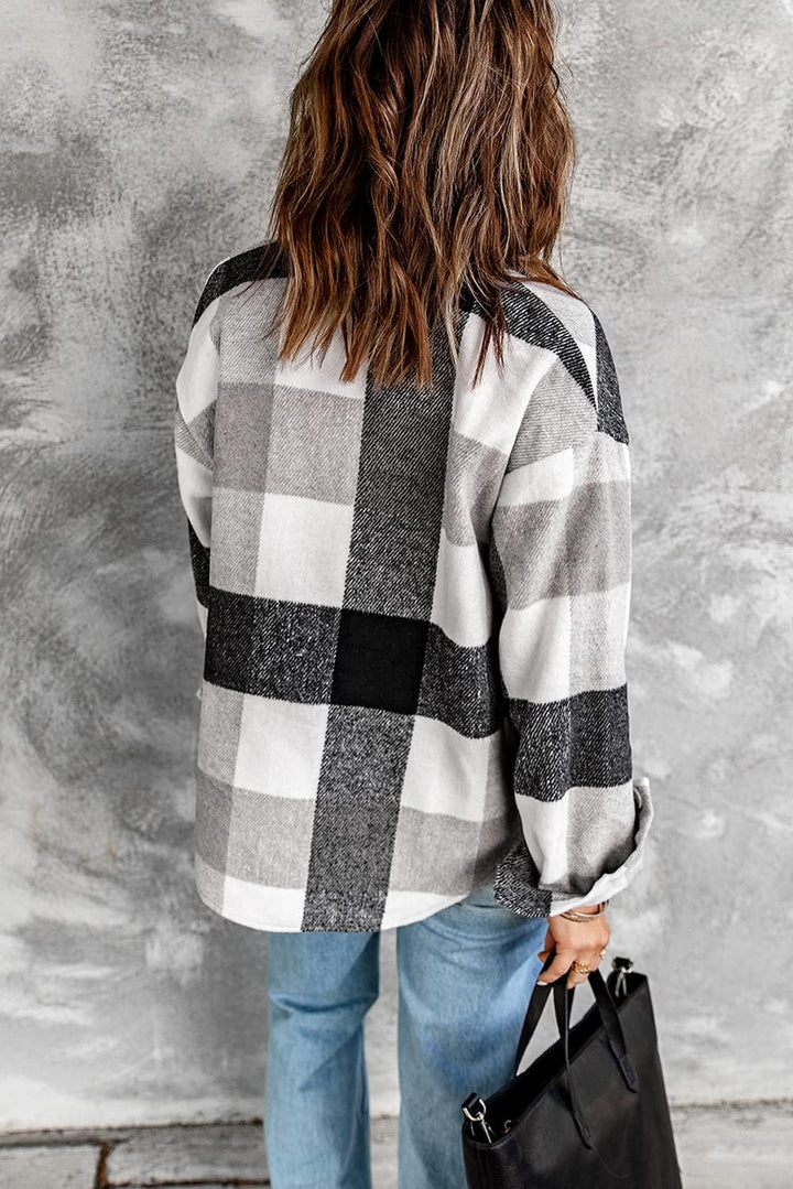 HVEPUO Damen Hemdjacke Karierte Shacket Langarm Hemd Bluse Mantel Flanell Jacke, XS