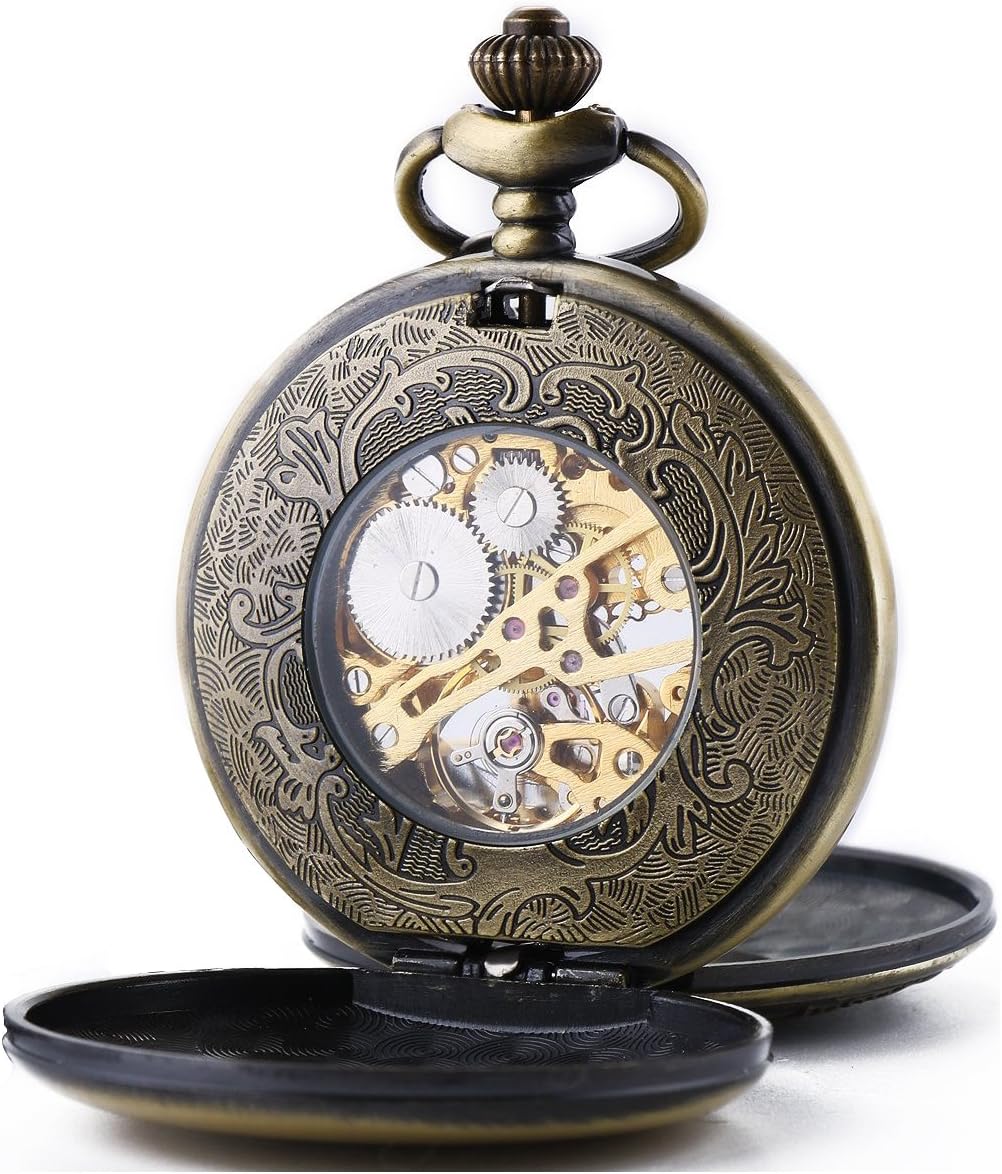 TREEWETO Unisex Taschenuhr mit Kette Analog Handaufzug Doppelscharnier Römische Ziffern Gold/Silber