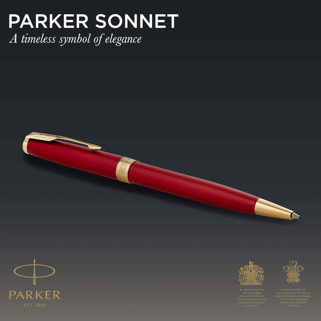 Parker Sonnet Kugelschreiber | Rote Lackierung mit Goldzierteilen | Mittlere Spitze | schwarze Tinte