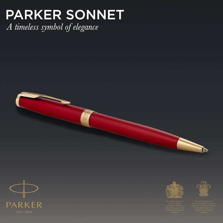 Parker Sonnet Kugelschreiber | Rote Lackierung mit Goldzierteilen | Mittlere Spitze | schwarze Tinte