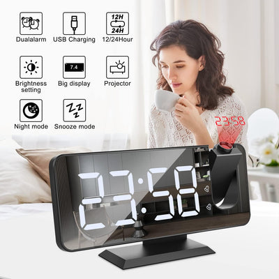 Exmate Projektionswecker, Digital Wecker mit Projektion, USB-Ladeanschluss, 7.5'' grosses Spiegel-LE