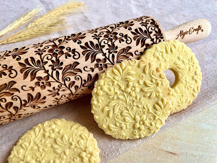 TANZEN BLUMEN Nudelholz. Teigroller mit Blumen für DIY Küche, Teig & Fondant Plätzchen. Gravierte Nu