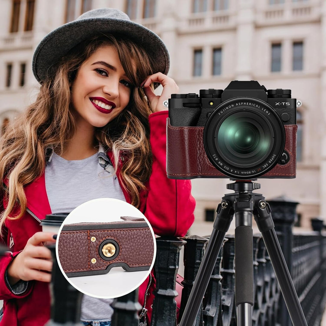 Rieibi Fuji XT5 Schutzhülle für Fujifilm X-T5 Digitalkamera, hochwertiges Echtleder, Halbtasche für