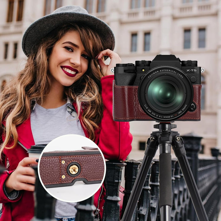 Rieibi Fuji XT5 Schutzhülle für Fujifilm X-T5 Digitalkamera, hochwertiges Echtleder, Halbtasche für