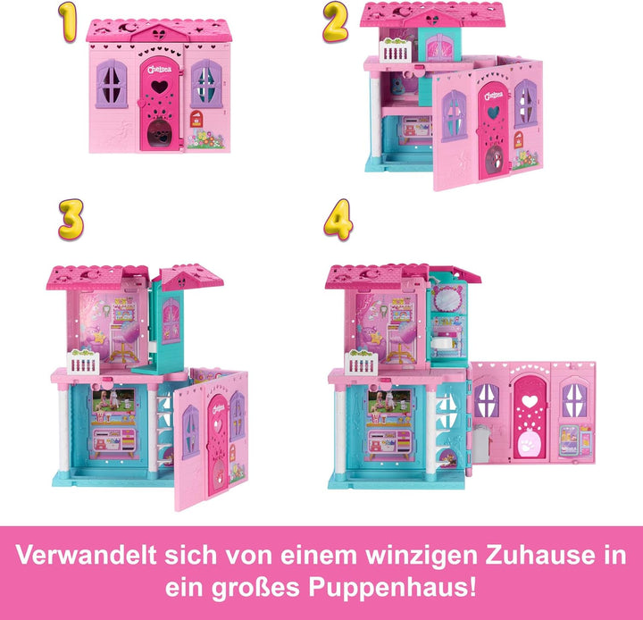 Barbie Chelsea Spielzeug-Puppenhaus mit über 15 Accessoires, das Pop-up-Haus erweitert Sich auf über
