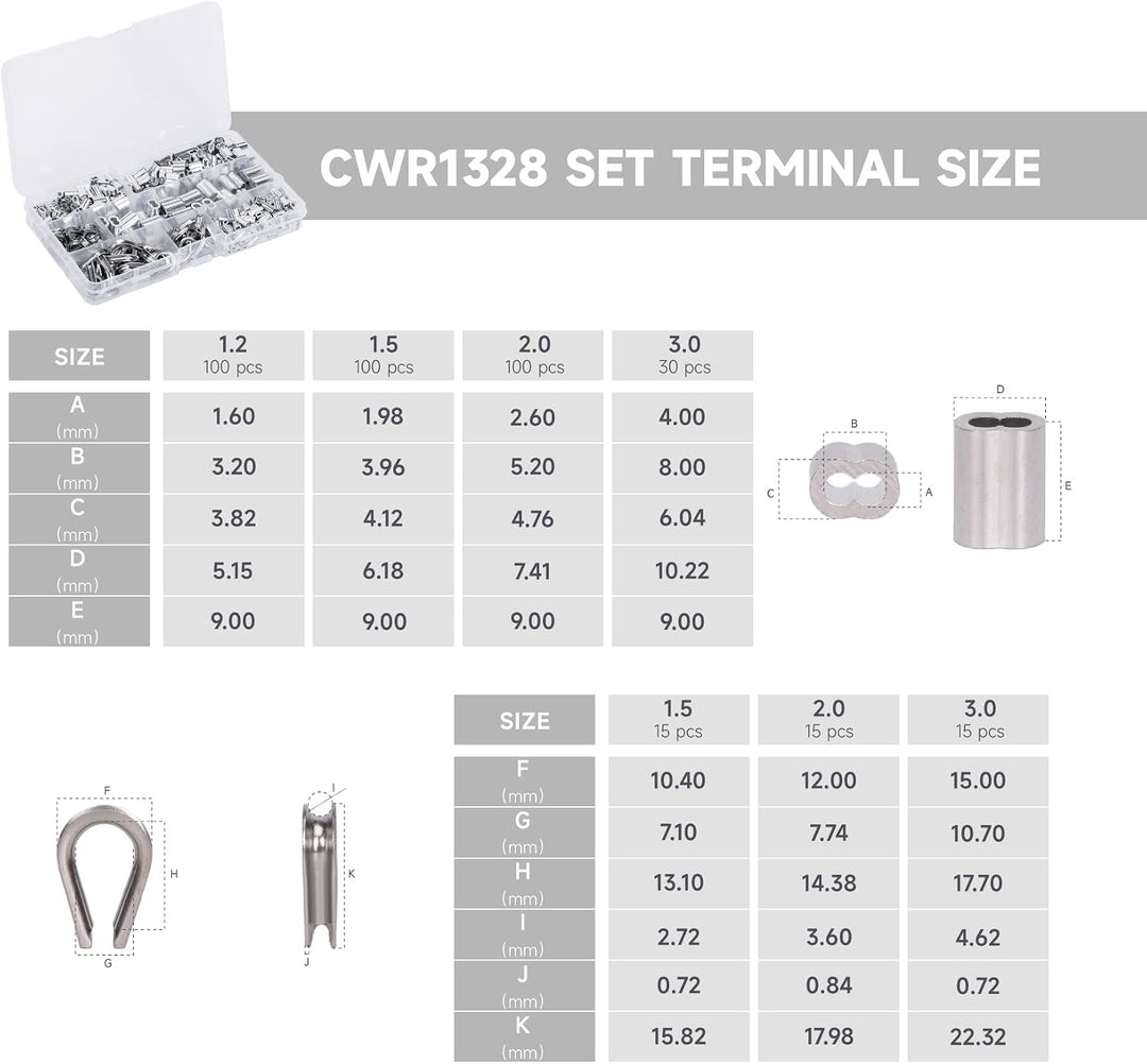 iCrimp CWR1328 Drahtseil Crimpzange Set 0,3–3,5 mm mit 375 Hülsen | Crimpwerkzeug für Drahtseile 0,3
