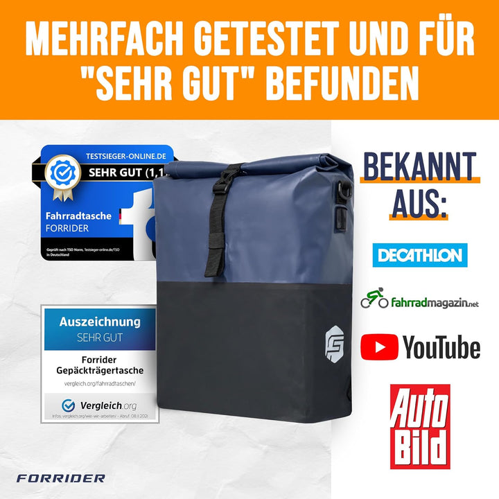 Forrider 3in1 Fahrradtasche für Gepäckträger mit Rucksack Wasserdicht 27L I Gepäckträgertasche Refle