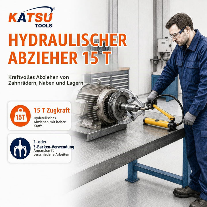 KATSU Radnabenabzieher Hydraulik 15 Ton mit Manueller Pumpe, Split-Unit Hydraulischer Pressriemensch