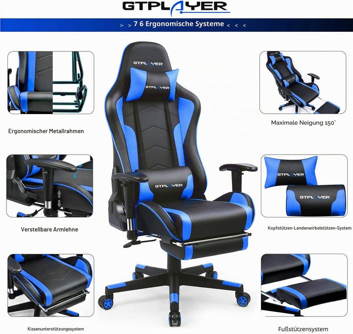 GTPLAYER Gaming Stuhl Gamer Stuhl mit Fussstütze Bluetooth Lautsprecher Ergonomischer Bürostuhl Comp