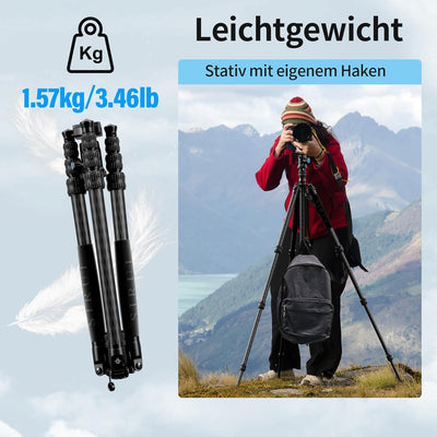 SIRUI Traveler 7C Reisestativ 166cm Carbonfaser Stativ mit E-10 360° Kugelkopf, für Arca Swiss Schne