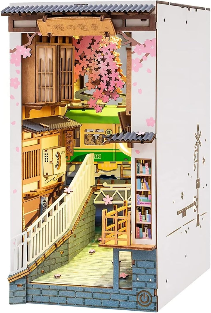 Rolife Sakura Densya DIY Book Nook Kits Modell Holzbausatz,Bookshelf Insert Diorama Bookends, Bookno