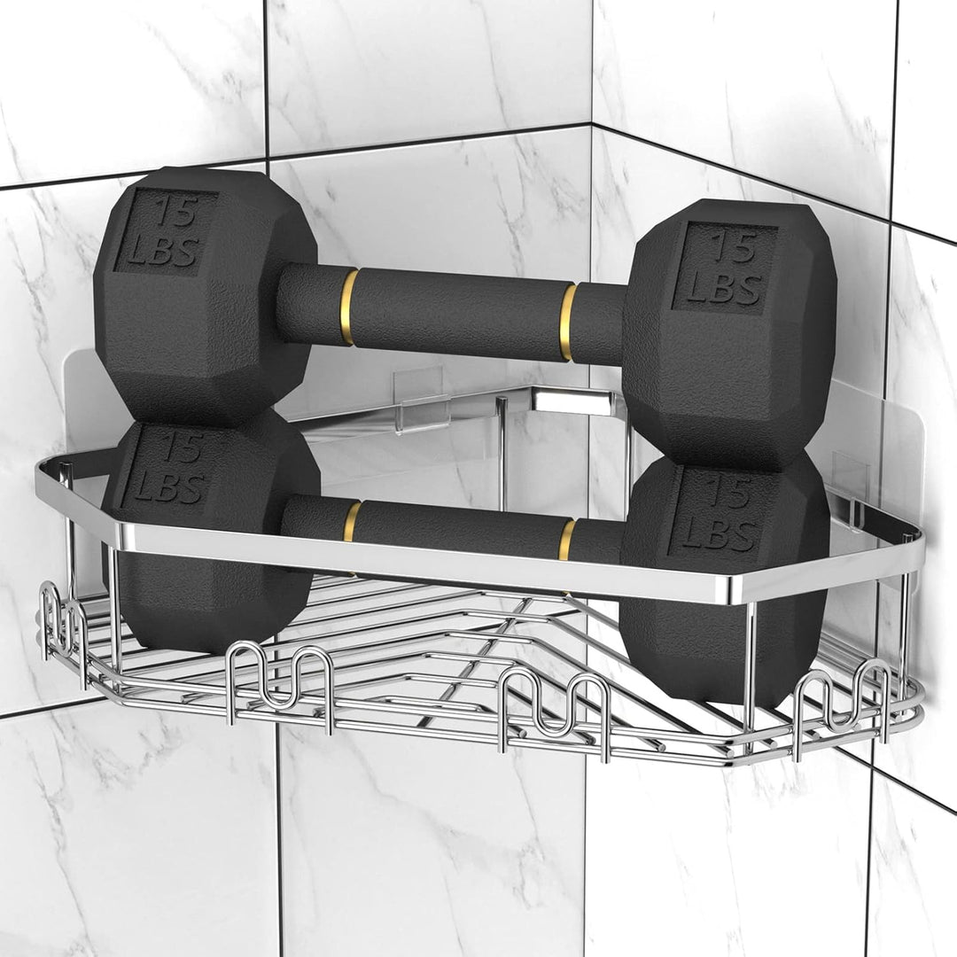 STEUGO Eck-Duschregal, Dusch-Organizer, Eck-Duschregal mit 12 Haken, 3er-Pack selbstklebende Duschre