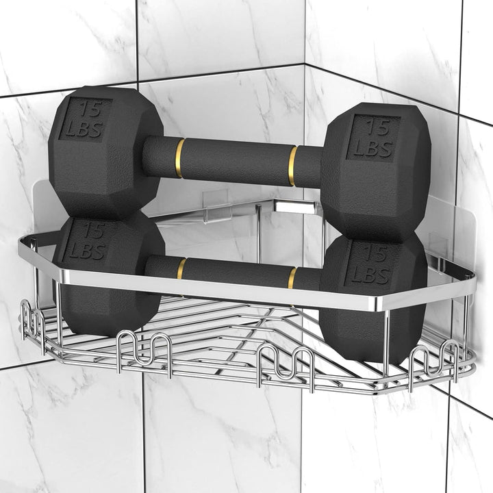 STEUGO Eck-Duschregal, Dusch-Organizer, Eck-Duschregal mit 12 Haken, 3er-Pack selbstklebende Duschre