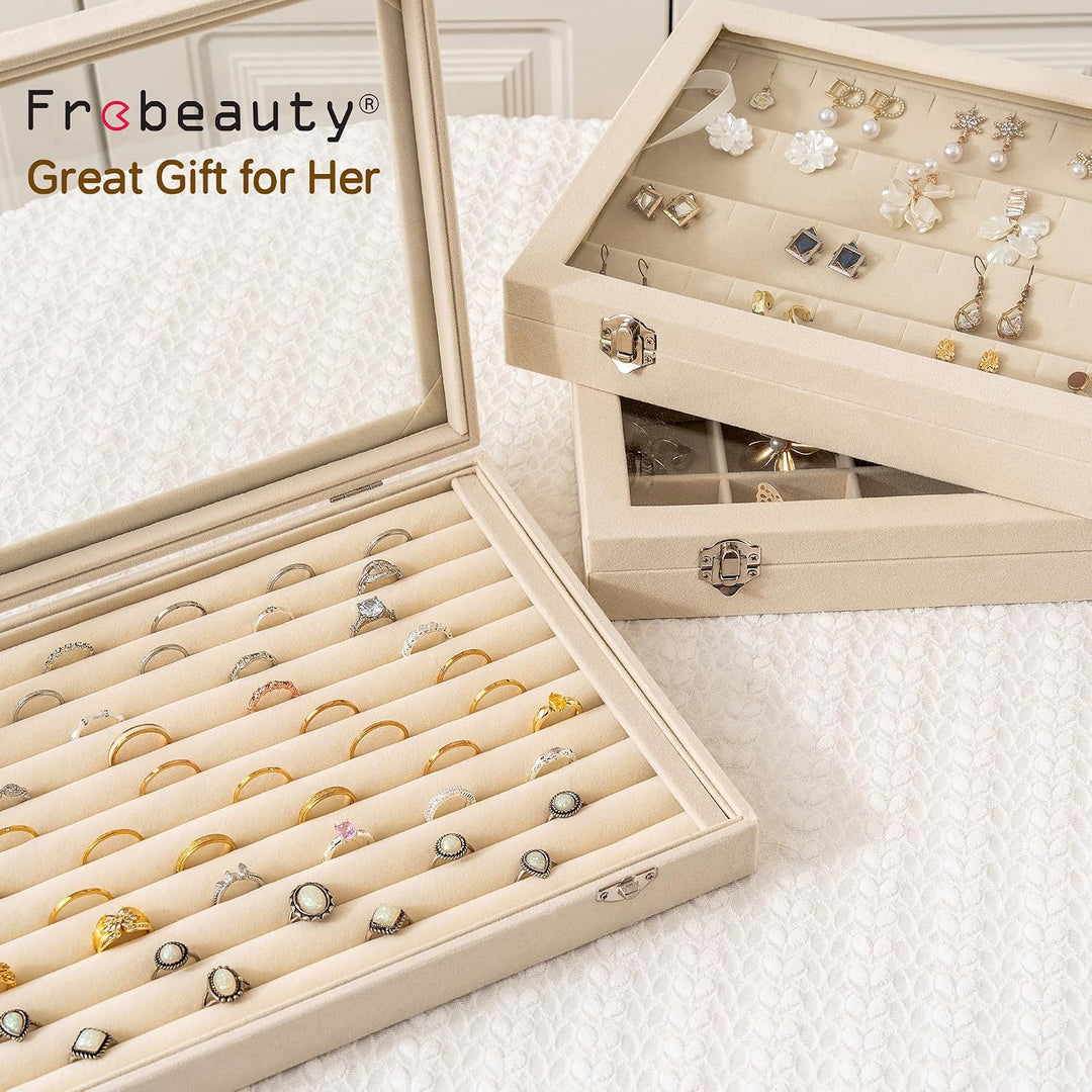 Frebeauty Ringe/Ohrringe Organizer Tablett mit klarem Deckel 10 Slots Samt Schublade Einsatz Schmuck