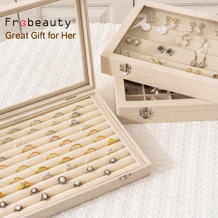 Frebeauty Ringe/Ohrringe Organizer Tablett mit klarem Deckel 10 Slots Samt Schublade Einsatz Schmuck