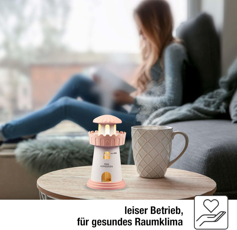 Hellum Luftbefeuchter dekorativ, tragbarer Mini Luftbefeuchter Leuchtturm in rosa, Leuchtturm Diffus