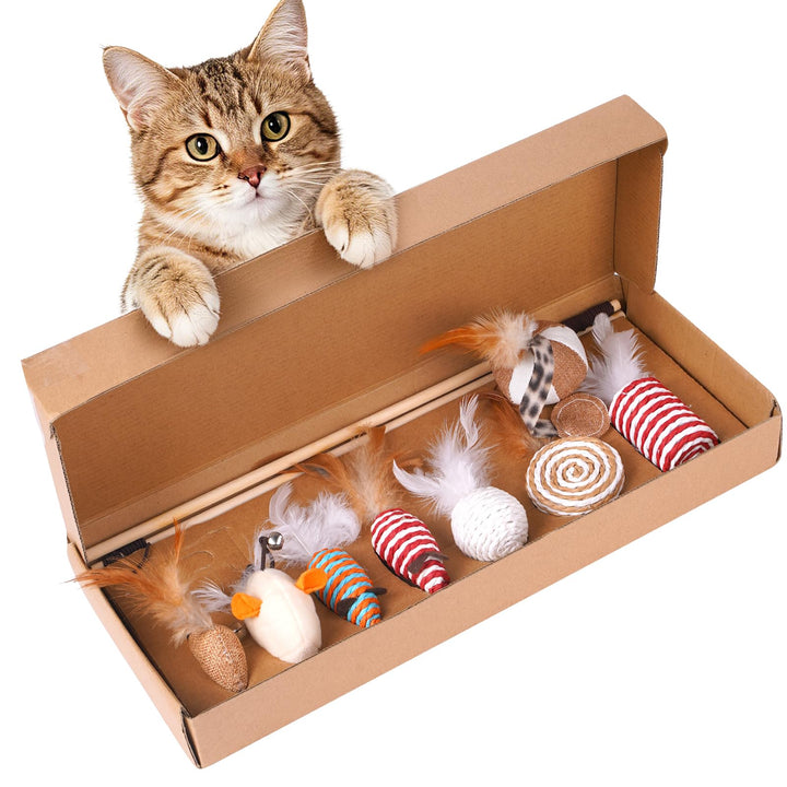 Katzenspielzeug Set 9-teilig | Katzenangel, Sisal Leinen, mit Bällen