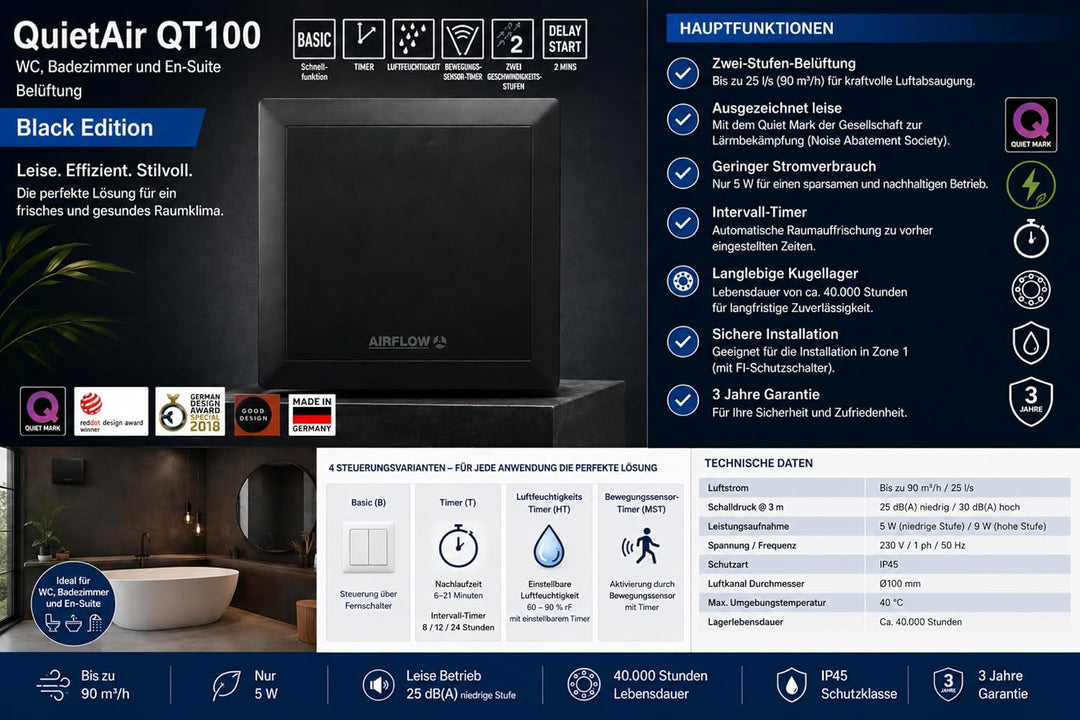 Airflow QT100B Badlüfter 25L/s Luftstrom – Made in Germany, 2 Geschwindigkeitsstufen, 100mm Rohransc