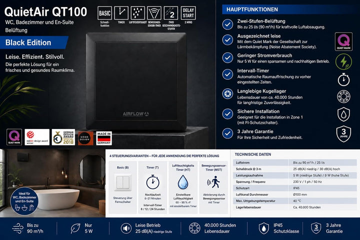 Airflow QT100B Badlüfter 25L/s Luftstrom – Made in Germany, 2 Geschwindigkeitsstufen, 100mm Rohransc