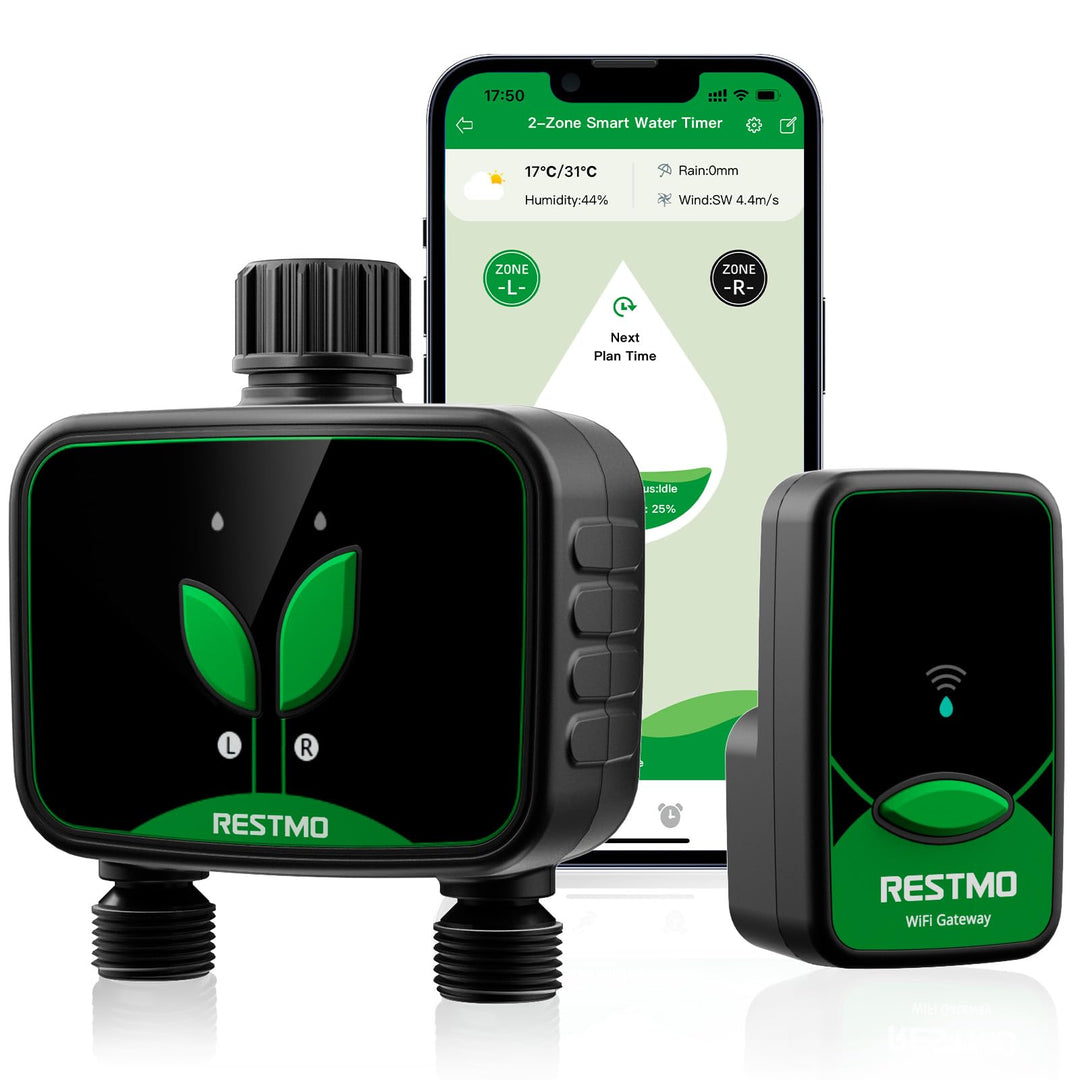 RESTMO WiFi-Bewässerungscomputer, programmierbare Wasserzeitschaltuhr für die Gartenbewässerung, 3 B