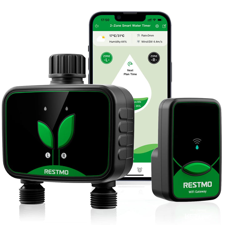 RESTMO WiFi-Bewässerungscomputer, programmierbare Wasserzeitschaltuhr für die Gartenbewässerung, 3 B