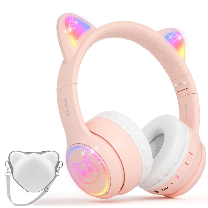 IFECCO Bluetooth Kopfhörer Kinder mit Mikrofon,Kinder Kabellos Kopfhörer mit Tasche,LED-Leuchten Kat
