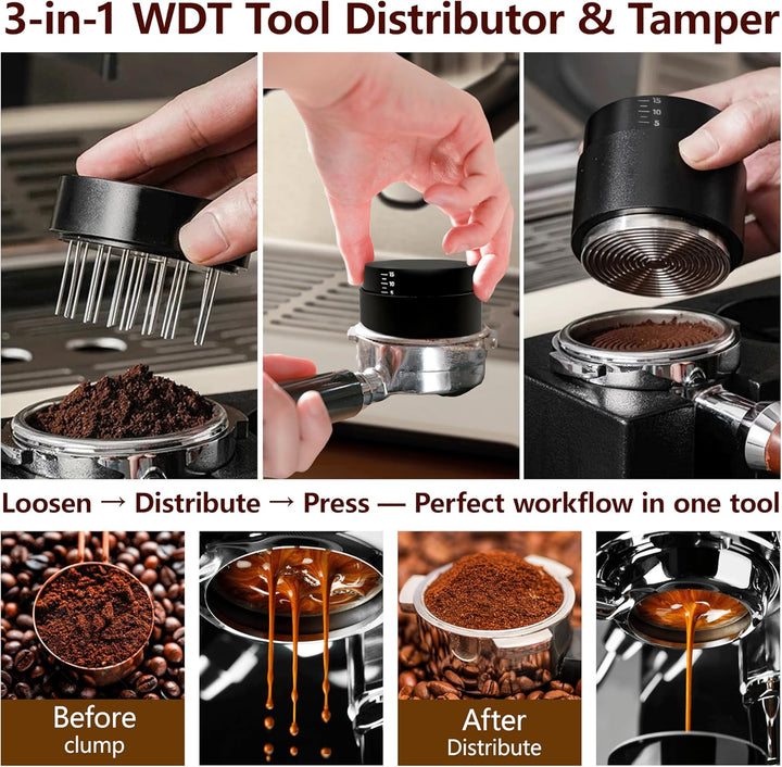 3-in-1 Kaffeeverteiler und Tamper mit WDT Werkzeug – Einstellbares Espresso Verteiler-Set – Profi Ba