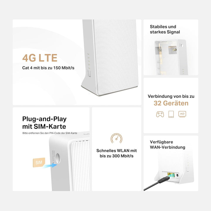 Mercusys MB110-4G LTE Router, 4G Router unterstützt SIM Karten, 4G Cat4 bis zu 150 Mbit/s, WLAN 2.4G