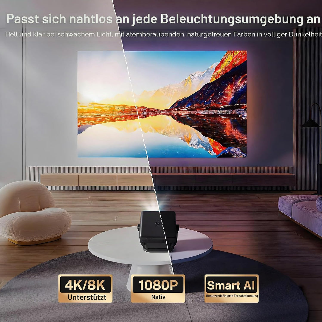 [KI-Sprachsteuerung/Android 14] Smart Beamer, Native 1080P 4K Unterstützung, HiFi Audio, 800 ANSI, A