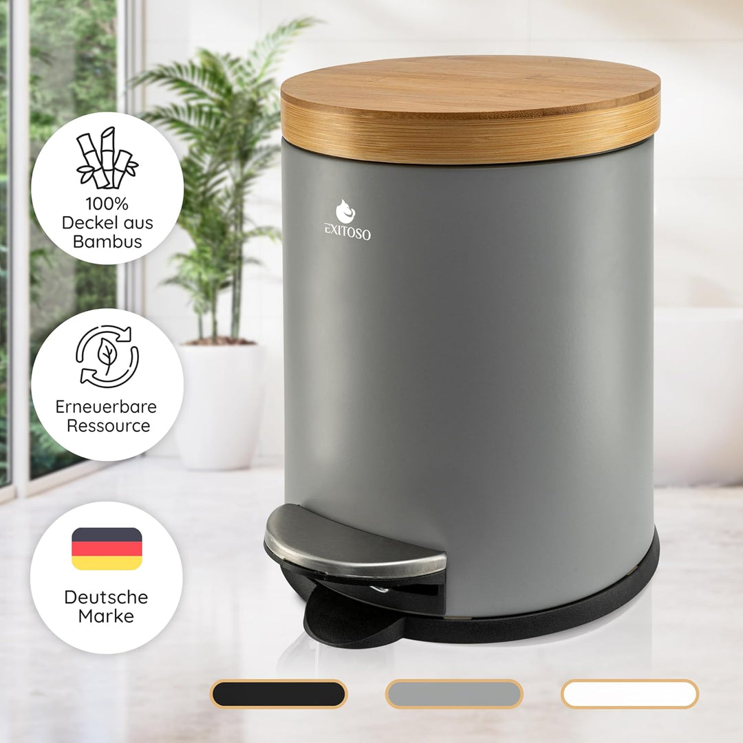 Exitoso 5L Mülleimer Bad Grau - Kosmetikeimer mit Bambus-Holzdeckel und Absenkautomatik - mit Rutsch