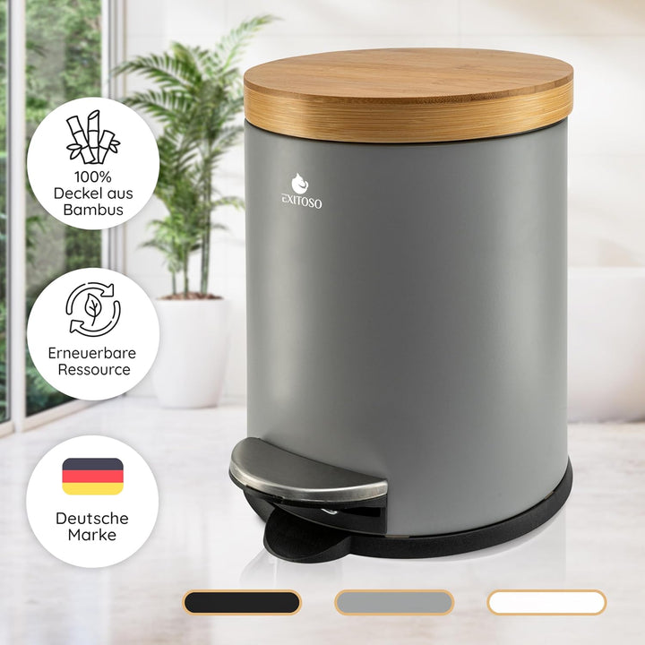 Exitoso 5L Mülleimer Bad Grau - Kosmetikeimer mit Bambus-Holzdeckel und Absenkautomatik - mit Rutsch