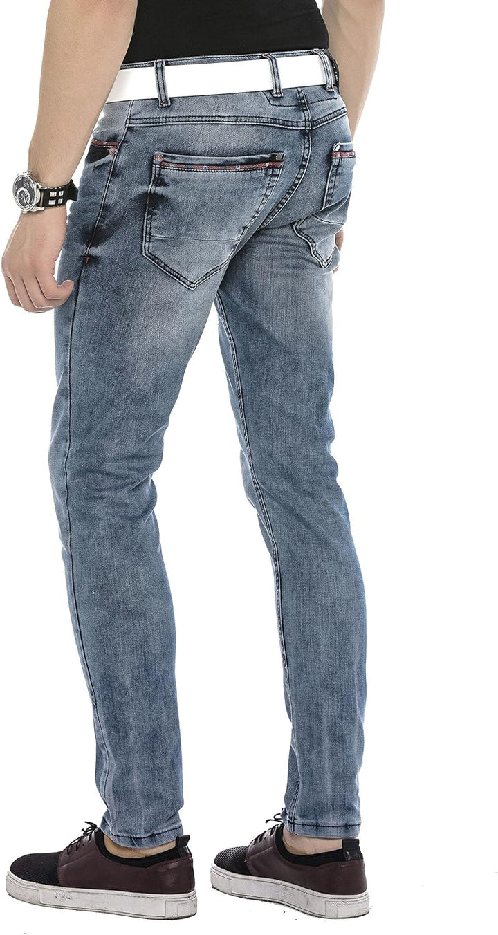 Cipo & Baxx Herren Jeans Hose Klassich Regular Fit Acid Waschung Five-Pocket Design Jeanshose Blau W