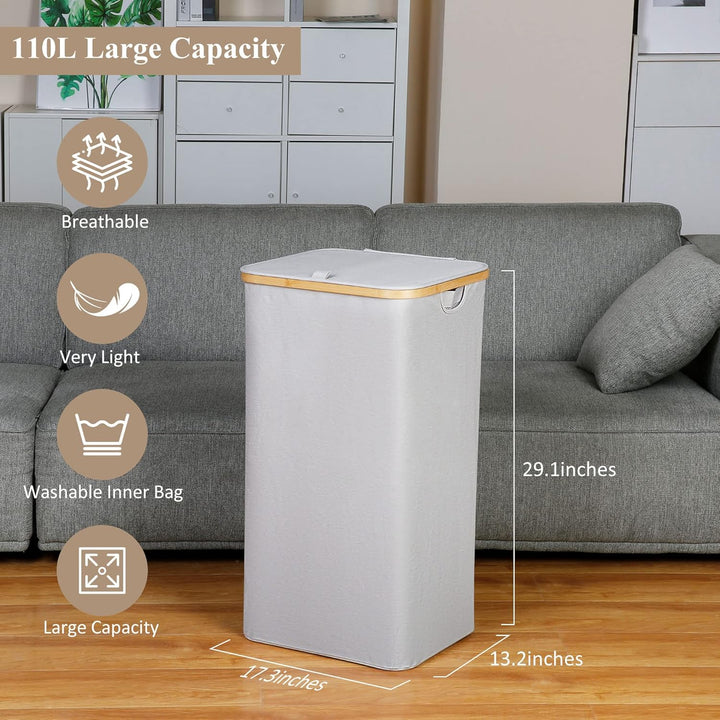 iEGrow Wäschekorb mit Deckel 110L, XL-Extra grosser Wäschesammler mit Herausnehmbarer und Waschbarer