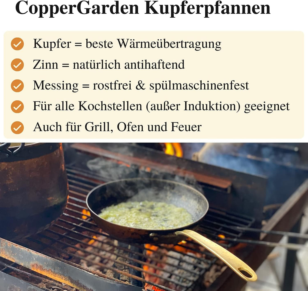 Copper Garden Kupferpfanne 28 cm mit Stiel I Mit Zinn beschichtete Pfanne aus Kupfer zur idealen Wär