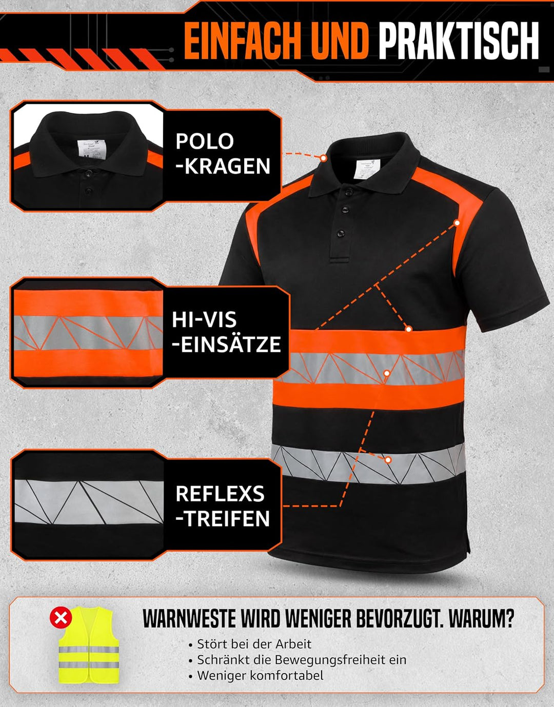 Warnschutz T-Shirt Polo - Atmungsaktiv mit Reflexstreifen und Baumwolle - Warn Tshirt Herren XL Schw