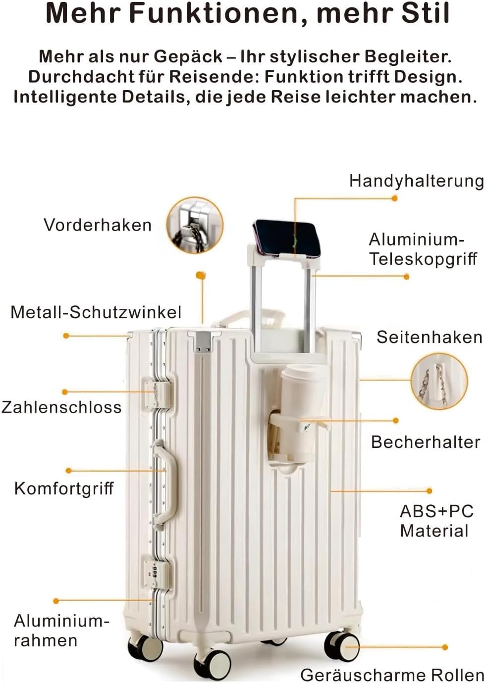 Aoliwei Alu-Rahmen Koffer (73cm/90L) - Grosser Hartschalenkoffer mit Becherhalter & Handyhalter - Pr